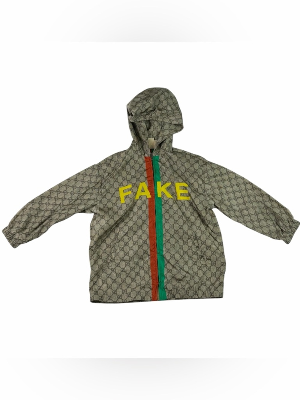 GUCCI "Fake Not" Printed GG Web Kid Bomber Jacket Marked as 5 Authenticated